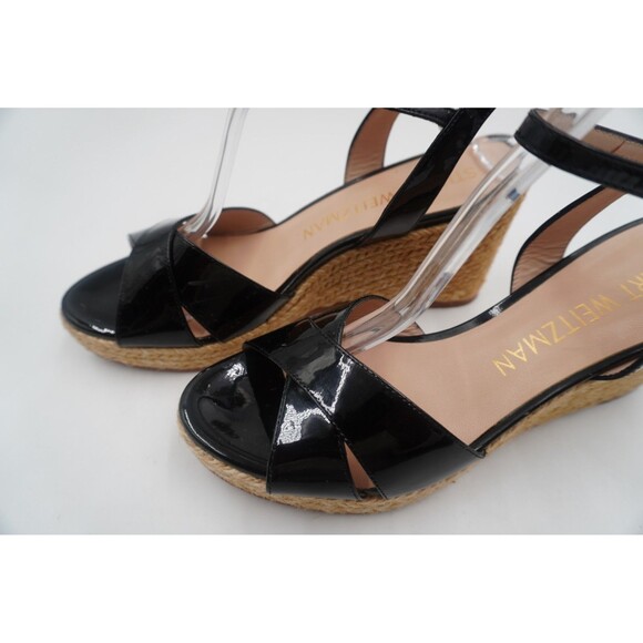 Stuart Weitzman BLKPatent Leather Espadrilles Crossover Braided Jute Trim Sz 8.5 - Picture 7 of 11